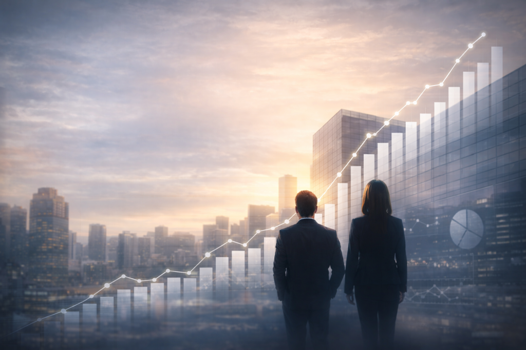 Two business professionals overlooking a city skyline with rising financial growth charts, representing scalable business success and structured revenue systems