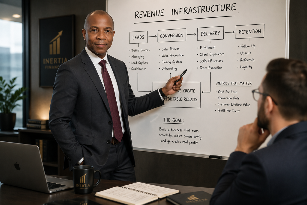 Business consultant presenting a structured revenue system on a whiteboard during a strategy session with a client in a professional office