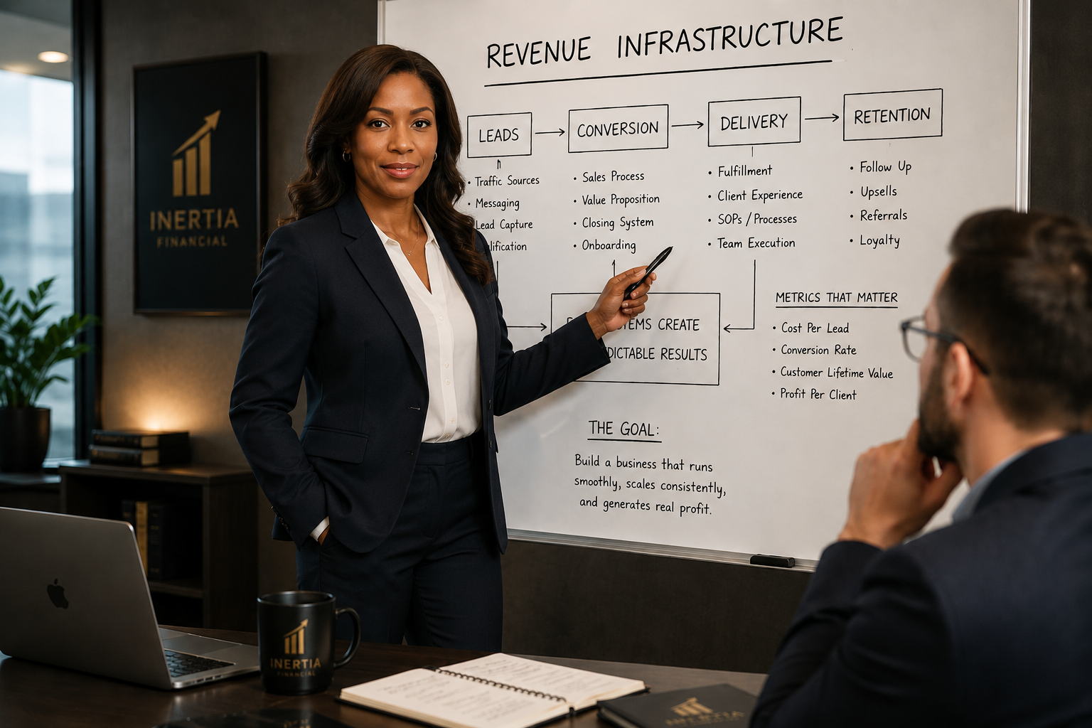 Professional business consultant presenting a revenue growth and business infrastructure strategy for Inertia Financial™ clients.