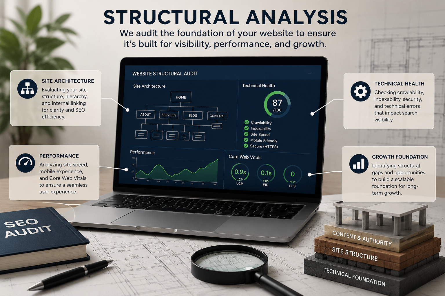 Professional structural analysis dashboard displaying website architecture, technical performance metrics, SEO auditing tools, and digital infrastructure planning by Inertia Financial.